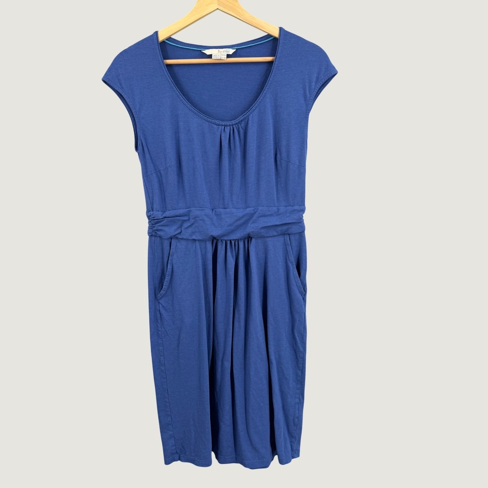 Boden Knit Jersey Dress Blue Size 8 Modal Cotton Pockets Casual Knee Length